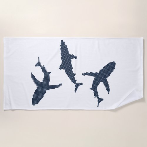 Three cross_stitch design dark blue sharks beach towel