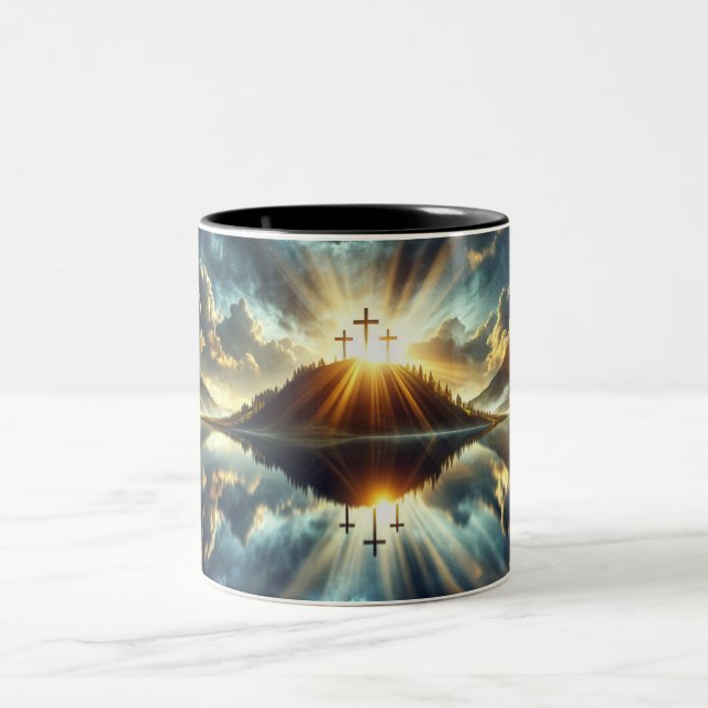 Three Crosses at a Lake Two-Tone Coffee Mug (Center)