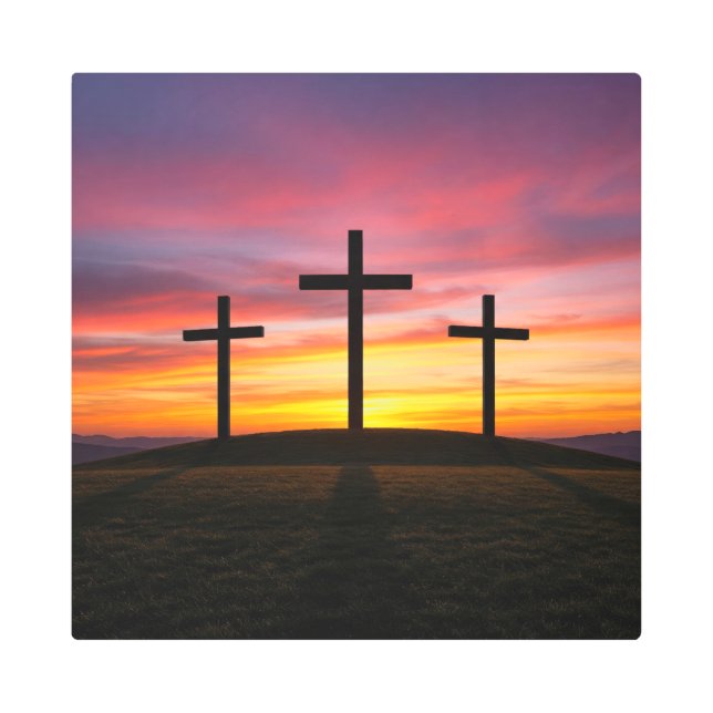 Three Crosses at Sunset Calvary Christian Faith Metal Print (Front)