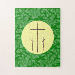 Three Crosses Calvary on Yellow on Green Fractal Jigsaw Puzzle