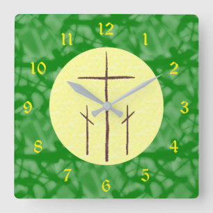 Three Crosses Calvary on Yellow on Green Fractal Square Wall Clock