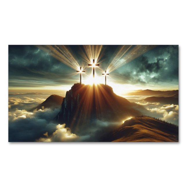 Three Crosses in a Heavenly Landscape Business Card Magnet (Front)