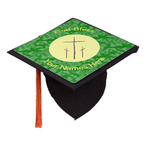 Three Crosses on Calvary Yellow Green Graduation Cap Topper