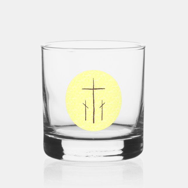 Three Crosses on Calvary Yellow Whiskey Glass (Front)