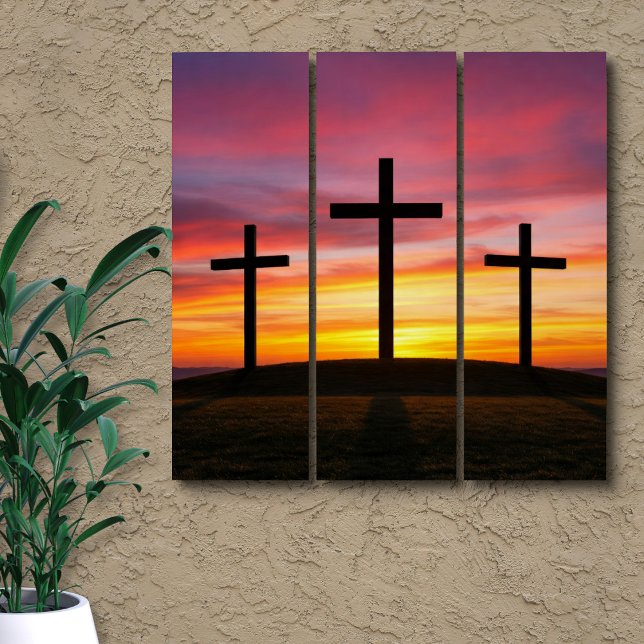 Three Crosses on Hill at Sunset Calvary Christian Triptych (Displayed on Wall)