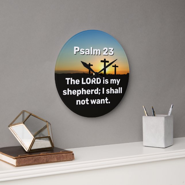 Three Crosses Psalm 23 Sunset Bible Verse Large Clock (Office)