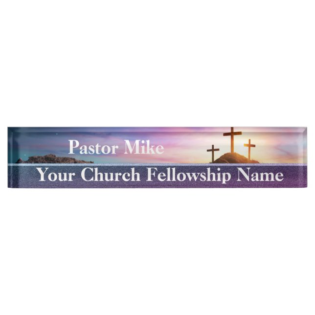 Three Crosses Sunset Church Pastor Desk Name Plate (Front)