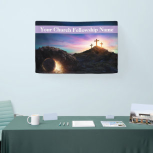 Three Crosses Sunset Easter Church Banner