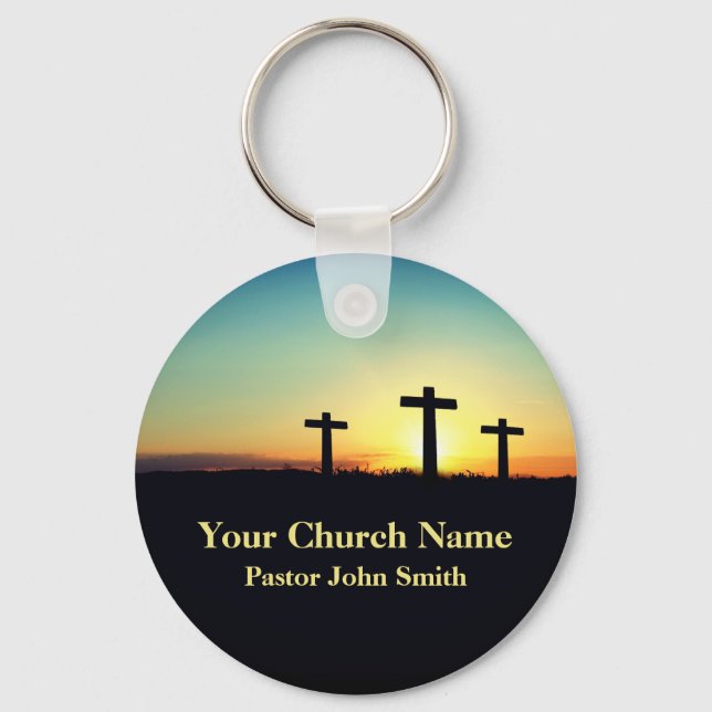 Three Crosses Sunset Sky Church Keychain (Front)