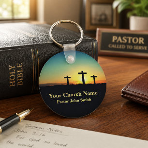 Three Crosses Sunset Sky Church Keychain