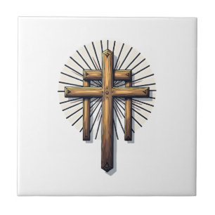 Three Crosses Vintage Engraving Faith Tee (1) Ceramic Tile