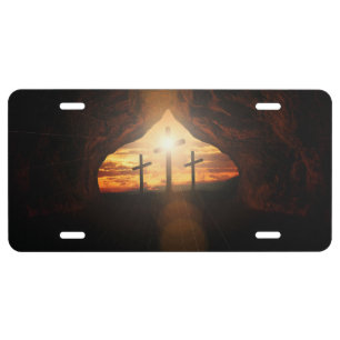 Three Crosses with Sunbeams Through a Cave License Plate
