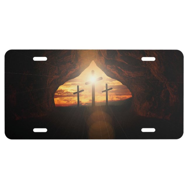 Three Crosses with Sunbeams Through a Cave License Plate (Front)