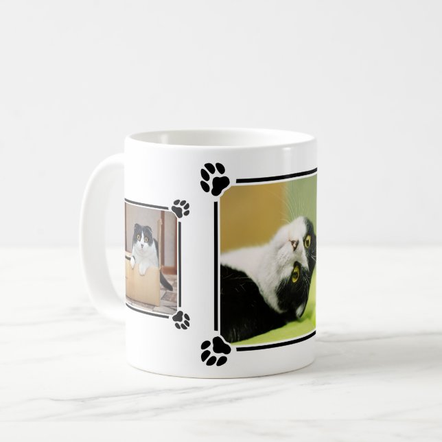 Three Custom Cat Photos Collage With Paw Prints Coffee Mug (Front Left)