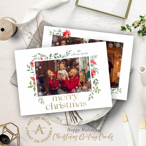 Three Custom Photos Gold Merry Christmas Frame Invitation