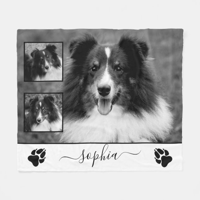 Three Custom Photos With Custom Pet Name & Paws Fleece Blanket (Front (Horizontal))