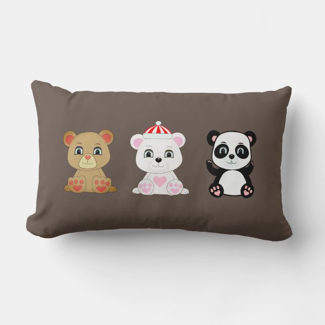 Three cute bear cartoons on coffee brown lumbar pillow (Front)