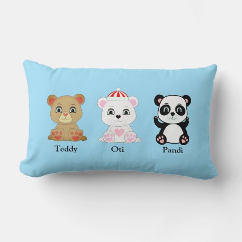 Three cute bear cartoons on Columbia Blue Lumbar Pillow
