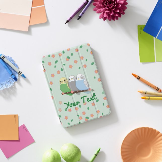 Three Cute Budgies Floral Cherry Blossom iPad Mini Cover (In Situ)