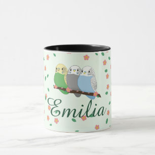 Three Cute Budgies Floral Cherry Blossom Mug