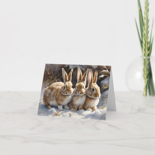Three Cute Bunny Rabbits in Snow Blank Greeting Card