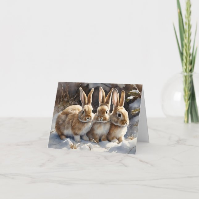 Three Cute Bunny Rabbits in Snow Blank Greeting Card (Front)