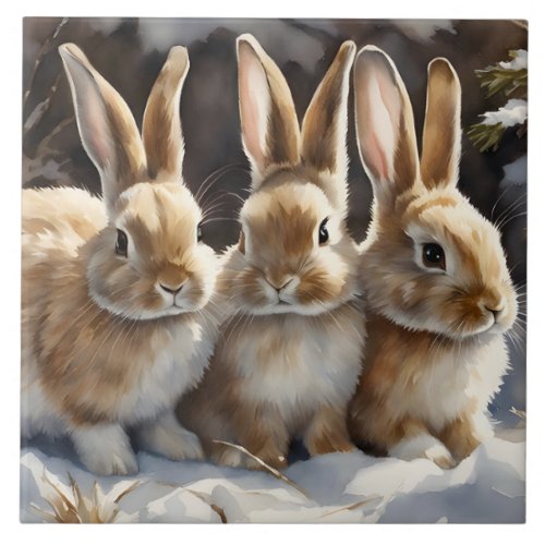 Three Cute Bunny Rabbits Snuggled in Snow Ceramic Tile