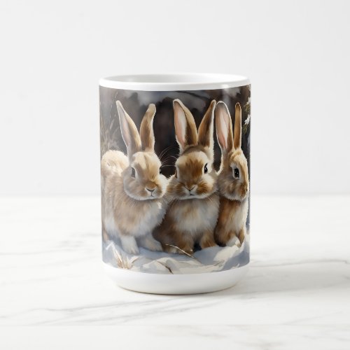 Three Cute Bunny Rabbits Snuggled in Snow Coffee Mug