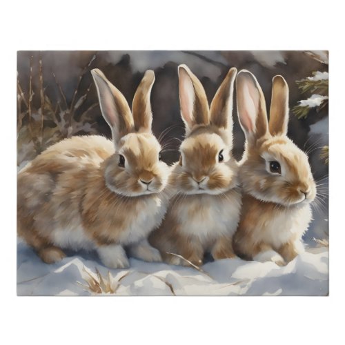 Three Cute Bunny Rabbits Snuggled in Snow Faux Canvas Print