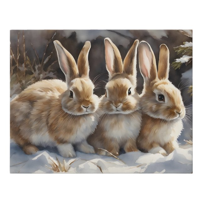 Three Cute Bunny Rabbits Snuggled in Snow Faux Canvas Print (Front)