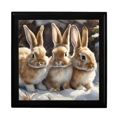 Three Cute Bunny Rabbits Snuggled in Snow Gift Box