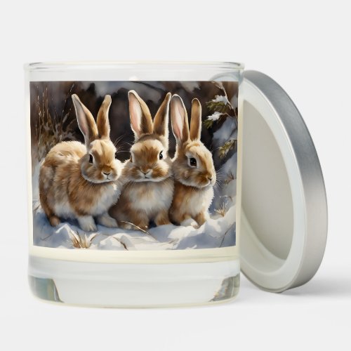 Three Cute Bunny Rabbits Snuggled in Snow Scented Candle