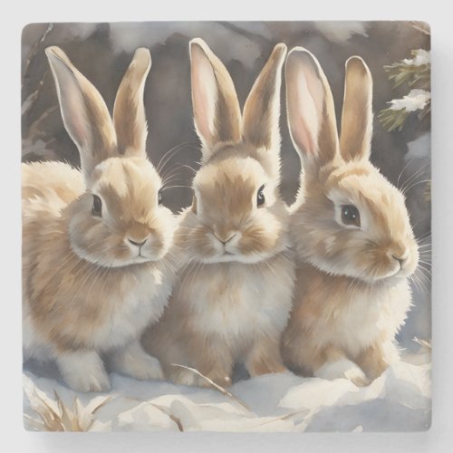 Three Cute Bunny Rabbits Snuggled in Snow Stone Coaster