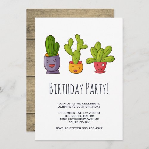 Three Cute Cactus Illustration Birthday Party Invitation