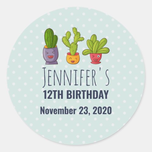 Three Cute Cactus in Flower Pots Fun Birthday Classic Round Sticker