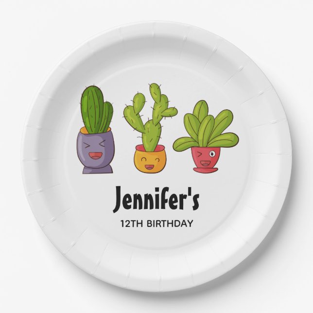 Three Cute Cactus in Flower Pots Fun Birthday Paper Plates (Front)