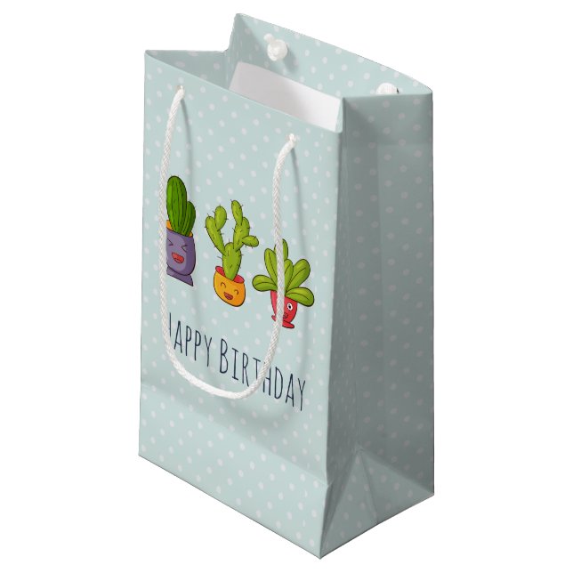 Three Cute Cactus in Flower Pots Fun Birthday Small Gift Bag (Front Angled)