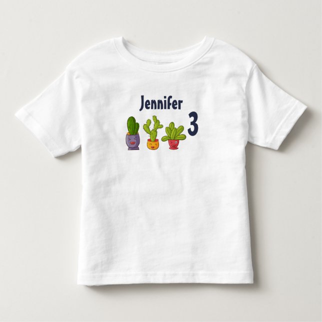 Three Cute Cactus in Flower Pots Fun Birthday Toddler T-shirt (Front)