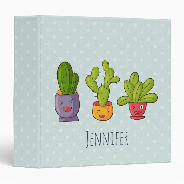 Three Cute Cactus in Flower Pots Fun Illustration 3 Ring Binder (Front/Spine)