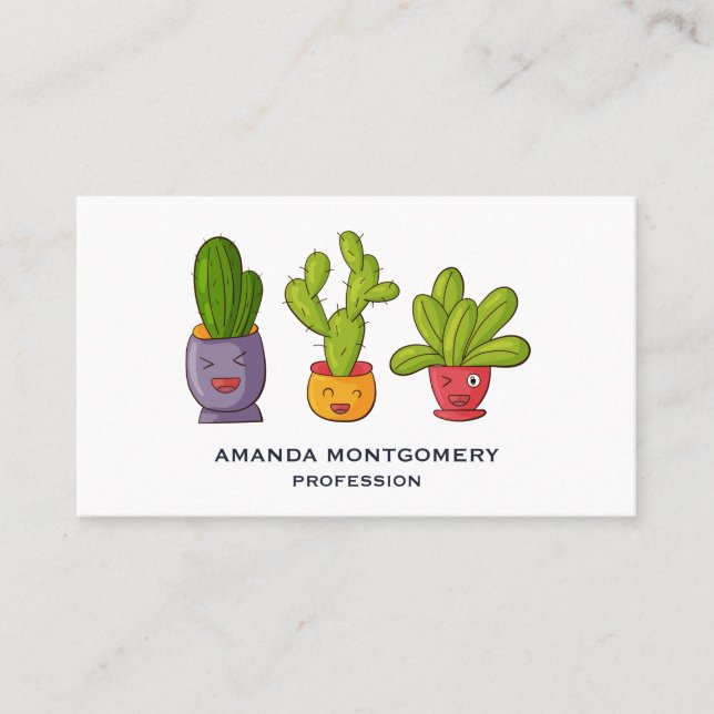 Three Cute Cactus in Flower Pots Fun Illustration Business Card (Front)