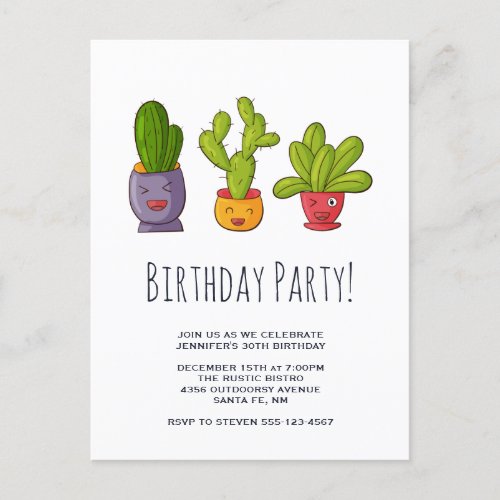 Three Cute Cactus in Flower Pots Fun Illustration Invitation Postcard