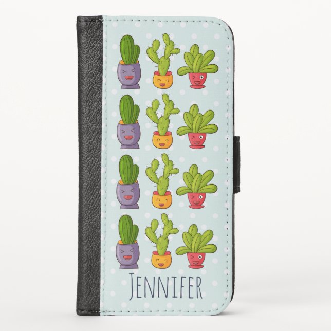Three Cute Cactus in Flower Pots Fun Illustration iPhone Wallet Case (Front)