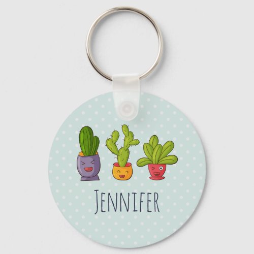 Three Cute Cactus in Flower Pots Fun Illustration Keychain