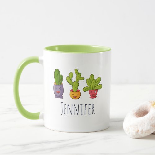 Three Cute Cactus in Flower Pots Fun Illustration Mug