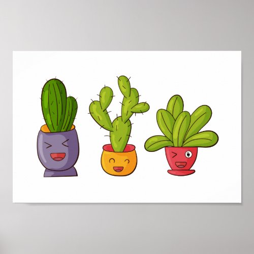 Three Cute Cactus in Flower Pots Fun Illustration Poster