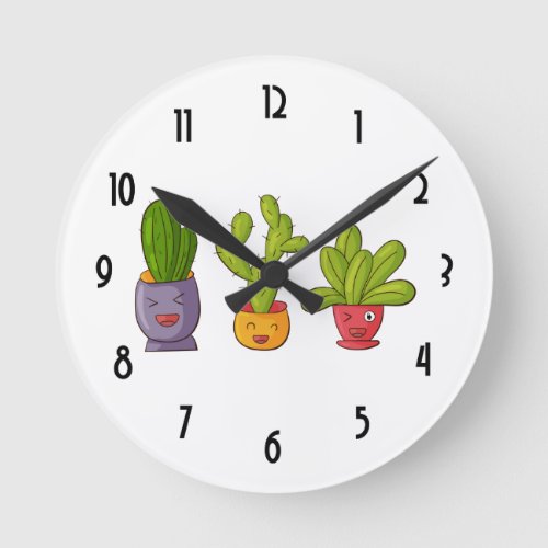 Three Cute Cactus in Flower Pots Fun Illustration Round Clock