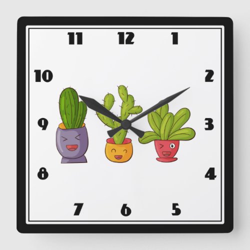 Three Cute Cactus in Flower Pots Fun Illustration Square Wall Clock