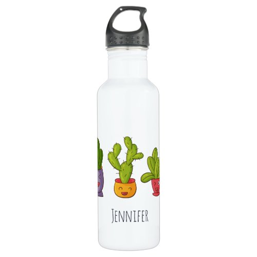 Three Cute Cactus in Flower Pots Fun Illustration Stainless Steel Water Bottle