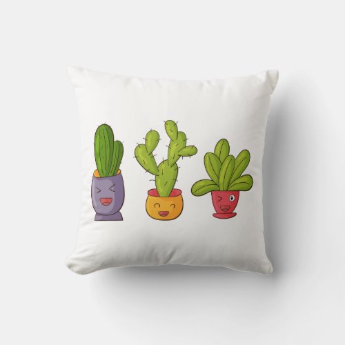Three Cute Cactus in Flower Pots Fun Illustration Throw Pillow