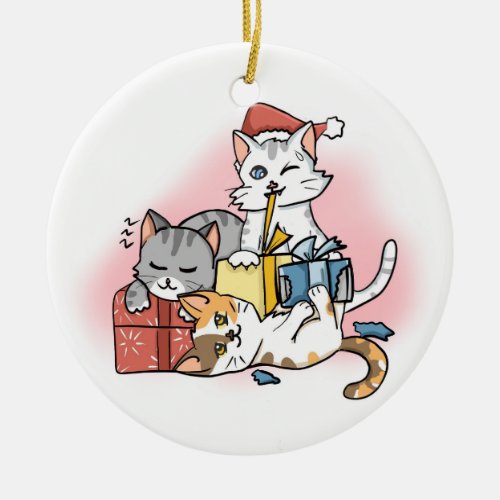 Three Cute Cartoon Christmas Kittens unwrap Gifts  Ceramic Ornament